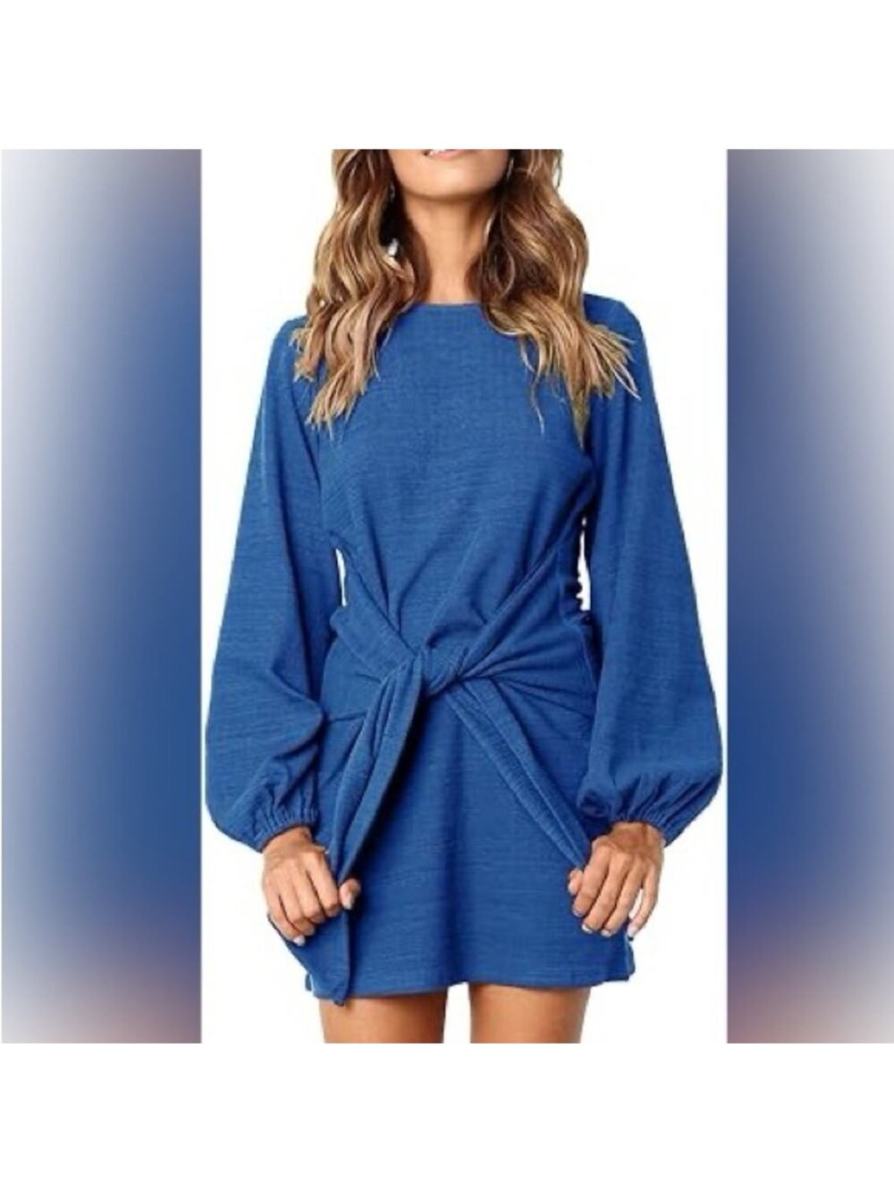 R.Vivimos Women's Royal Blue Long Lantern Sleeves Knitted Bodycon Tie Waist